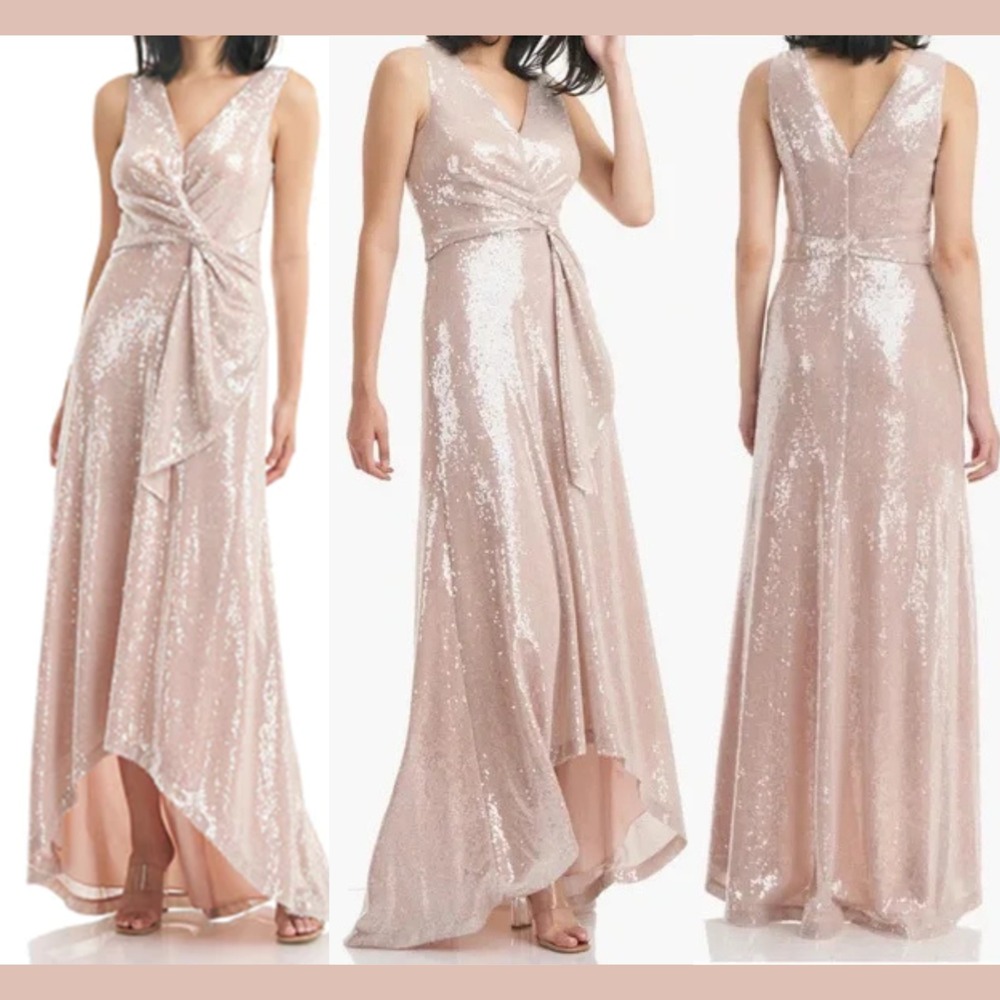NWT $398‎ KAY UNGER [ 2 ] Katarina Sequin High-Low Gown in Powder Blush J1966
